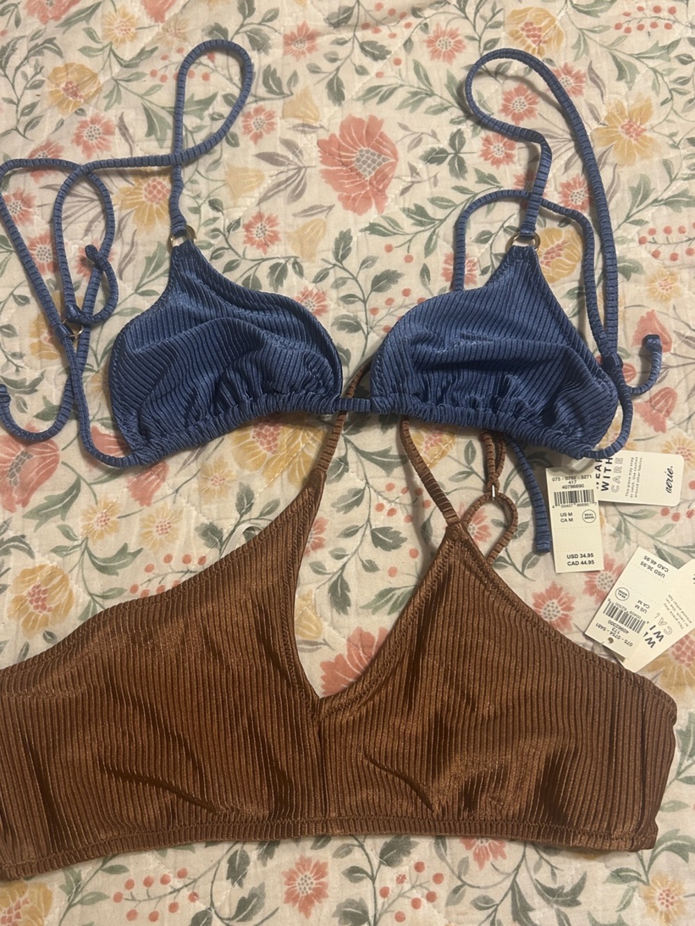 aerie Blue and Brown Ribbed Bikini Tops Size Medium NWT!!